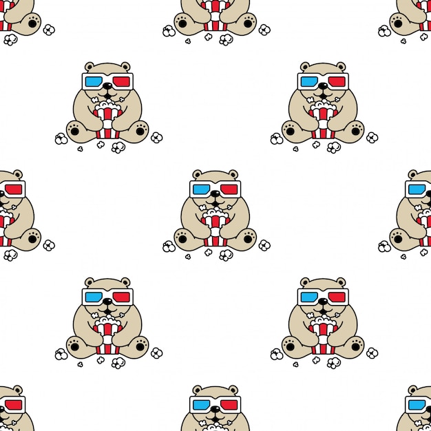 Polar bear seamless pattern 3d glasses movie popcorn teddy