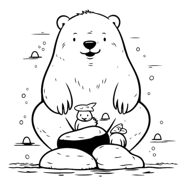 Vector polar bear sitting on a rock with a cat