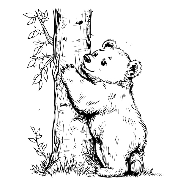 Белый медведь, сидящий на дереве, векторная иллюстрация, нарисованная рукой