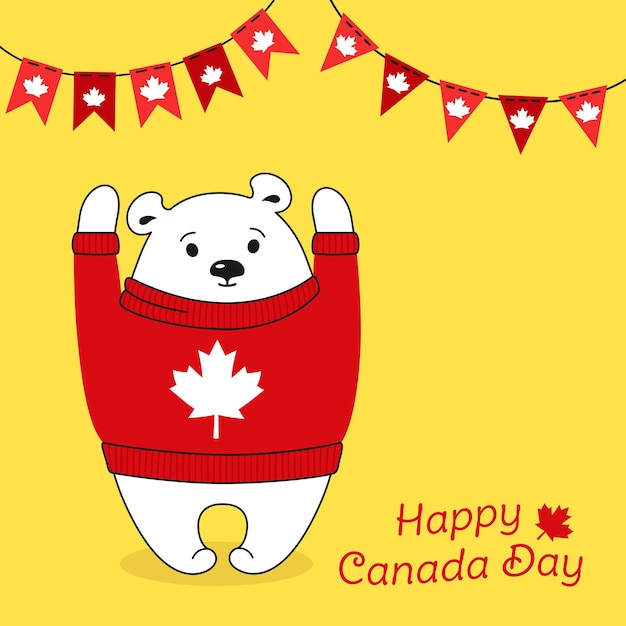 Polar bear in sweater happy canada day, cartoon card garland bunting flag greeting postcard