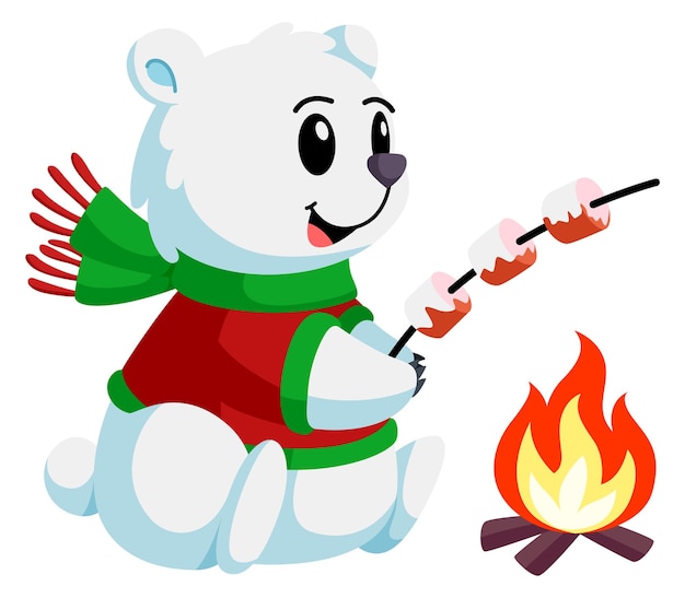 Orso polare che tostano marshmallow sul fuoco di campo icona cartoon