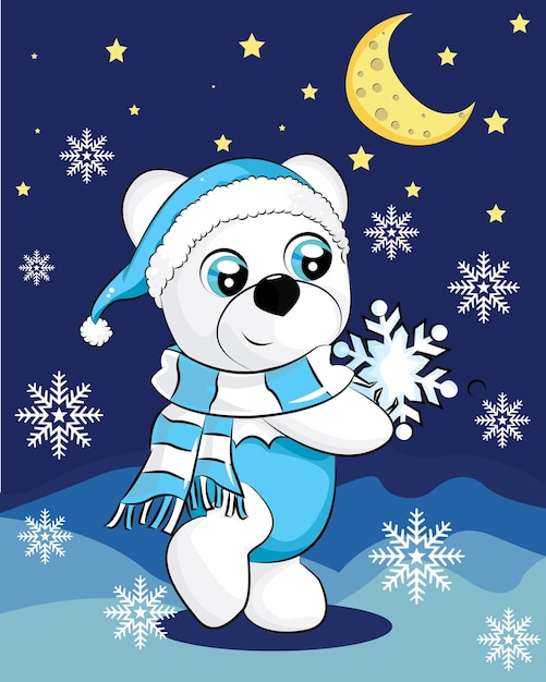 밤에 파란색 스카프를 두른 북극곰. 벡터 귀여운 만화 캐릭터입니다. 눈송이와 파란색 배경에 흰색 곰입니다. 크리스마스 개념입니다. 크리스마스 인사말 카드에 적합