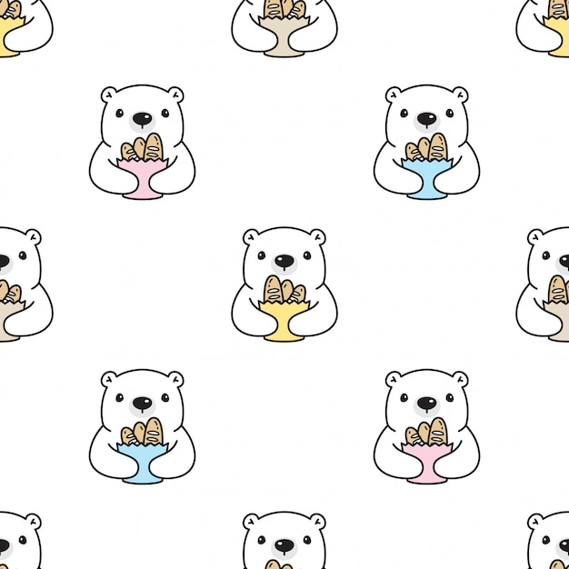 Polar bear with bread in paper bag seamless pattern