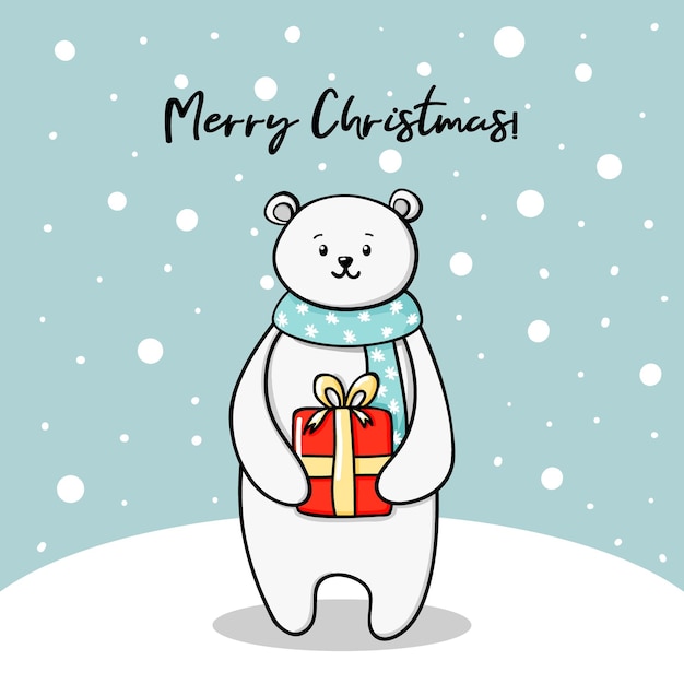 Polar bear with a Christmas gift New year kids card with a cute white bear and snow in doodle