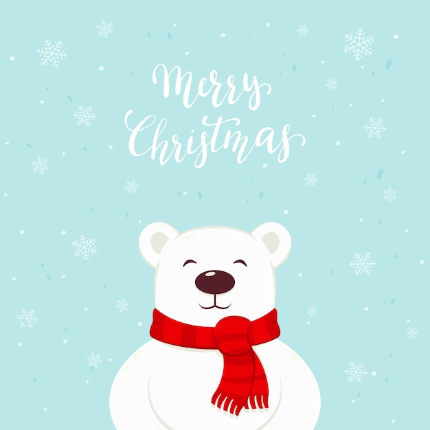Orso polare con sciarpa rossa, fiocchi di neve e scritte buon natale su sfondo blu, illustrazione.