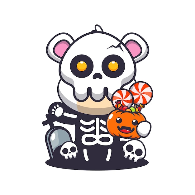 Белый медведь в костюме скелета держит тыкву на Хэллоуин