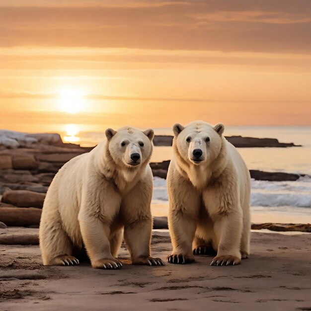 Polar bear with twin cubs walking across sea ice floe near Phippsoya on summer morning