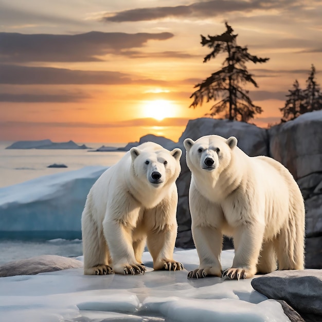 夏の朝フィップシアの近くの海氷の上を双子のクマと歩いている北極クマ