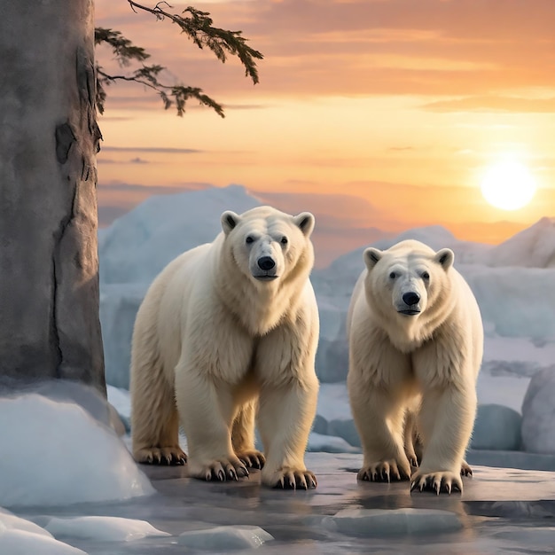 Polar bear with twin cubs walking across sea ice floe near Phippsya on summer morning