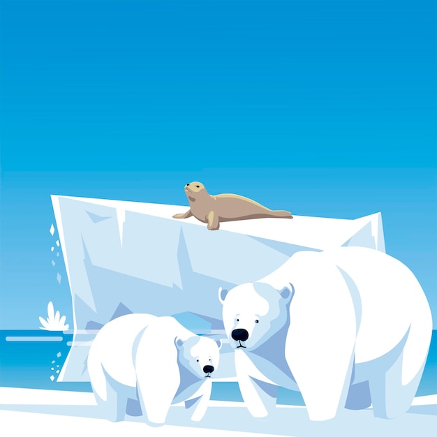 Vector polar bears and seal iceberg north pole landscape  illustration