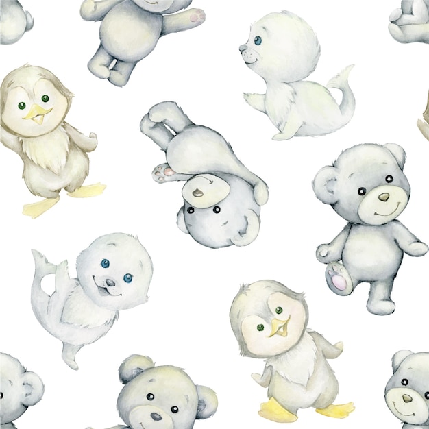 Polar bears, seal, penguin, watercolor animals in cartoon style. Seamless pattern