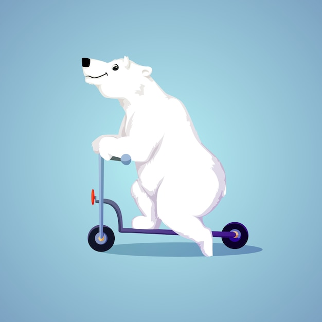 Polar cartoon smiling bear riding a scooter.