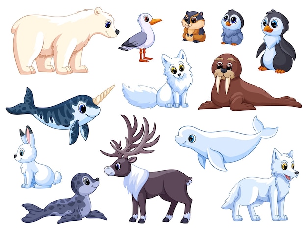 Polar dieren Antarctische zoogdieren geïsoleerde dieren in het wild Oceaan grappige arctische witte beer zeevogel schattige pinguïns en herten Garish vector tekens