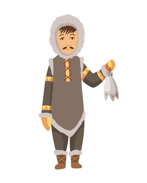 Polar eskimo character Indigenous fisherman wearing traditional warm clothes Person with caught fish Traditional ethnic character