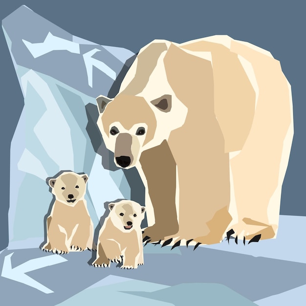 Vettore polar mama bear e baby bears sullo sfondo dell'illustrazione vettoriale del ghiacciaio