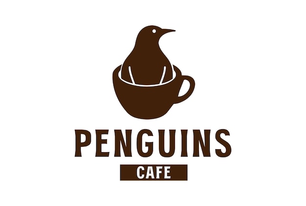 Polar Penguins Silhouette with Coffee Cup for Cafe Logo Design