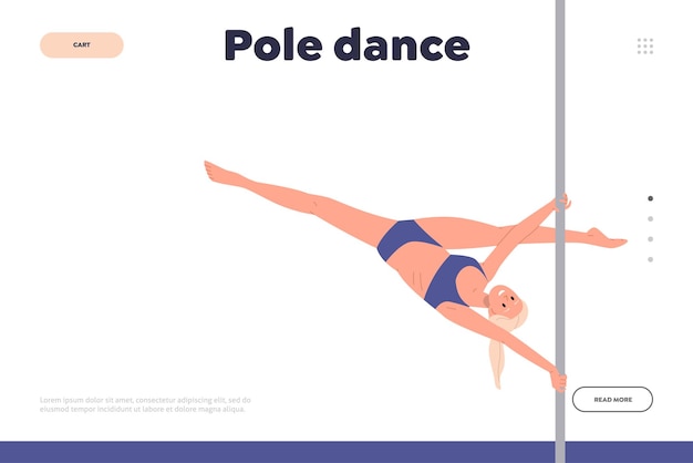 Vector pole dance landing page design template for professional online acrobatics school or show studio