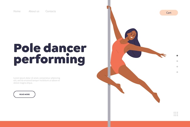 Vettore pole dancer che si esibisce sul modello di progettazione della pagina di destinazione del pilone per i servizi di fitness studio sportivo