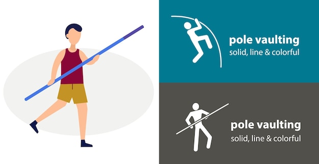 Pole vault isolated vector flat icon silhouette line solid design element