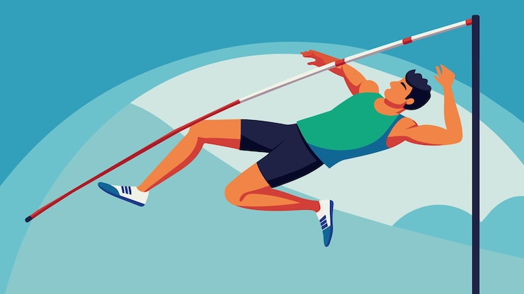 Vector the pole vaulter explodes off the ground their body stretching towards the sky as they clear the bar