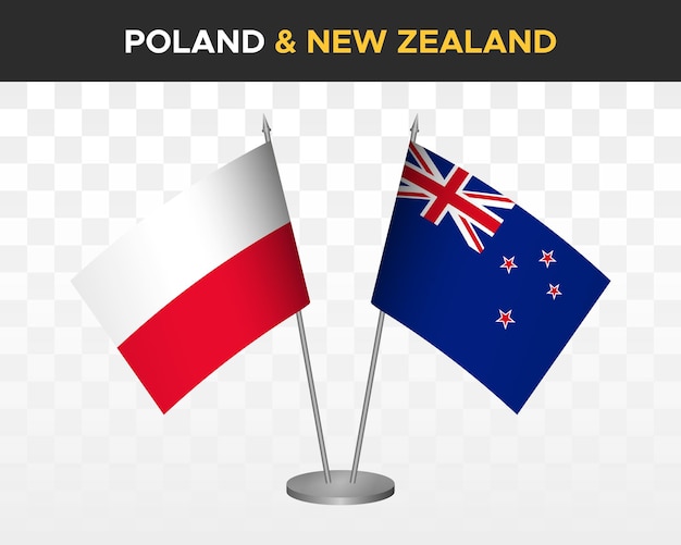 Polen vs Nieuw-Zeeland bureau vlaggen mockup geïsoleerde 3d vector illustratie poolse tafel vlag