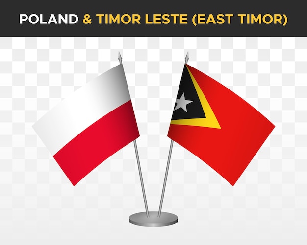 Polen vs oost-timor bureau vlaggen mockup geïsoleerde 3d vector illustratie poolse tafel vlag