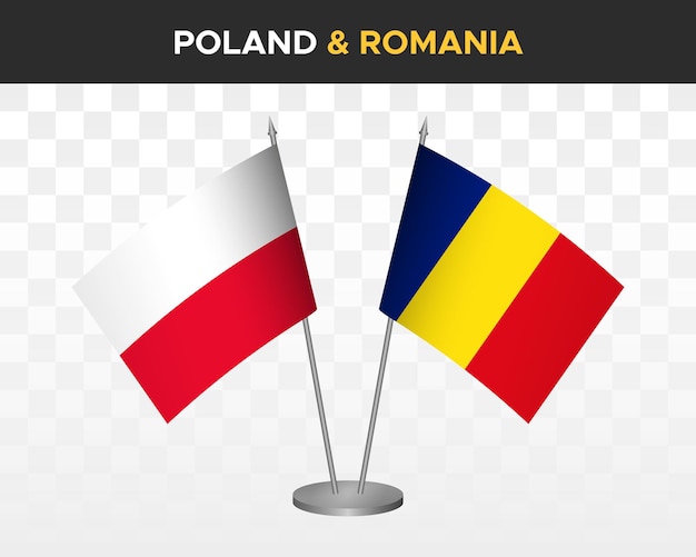 Polen vs roemenië bureau vlaggen mockup geïsoleerde 3d vector illustratie poolse tafel vlag