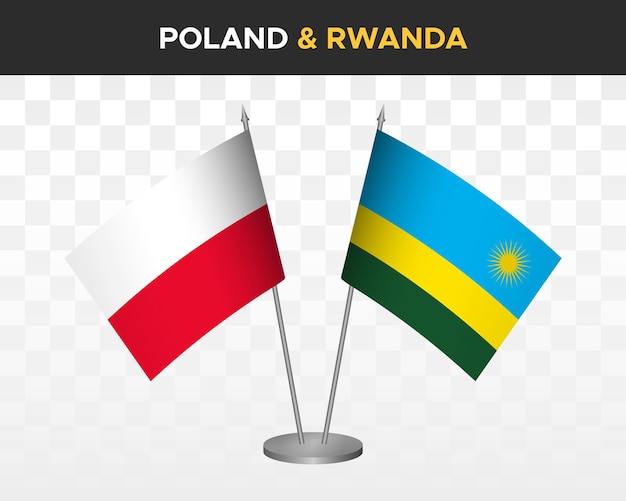 Polen vs rwanda bureau vlaggen mockup geïsoleerde 3d vector illustratie poolse tafel vlag