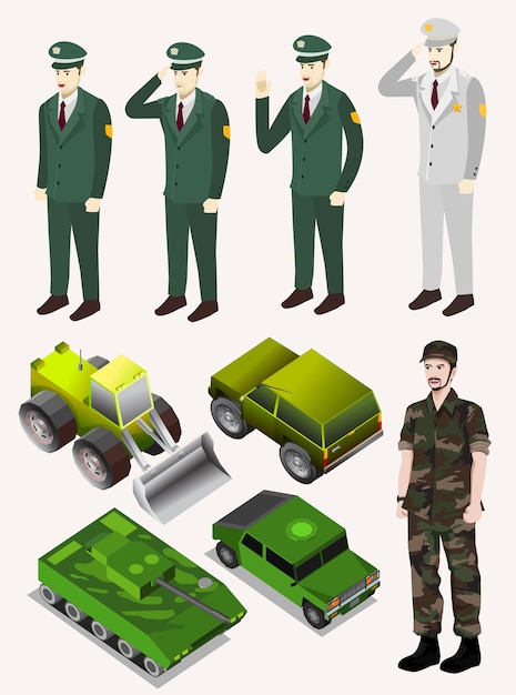 Vector police, army, soldier, with green vehicle