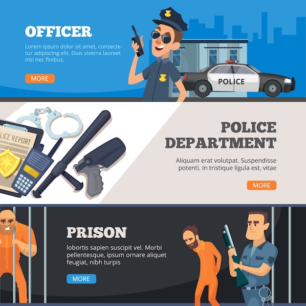 Police banners. urban security police officer standing in uniform prison and overseer with weapon design collection