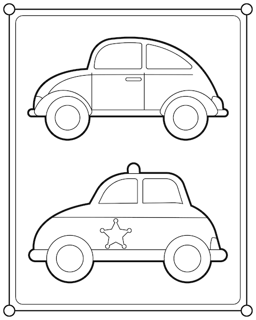 Vettore auto della polizia e auto classica adatta per l'illustrazione vettoriale della pagina da colorare dei bambini