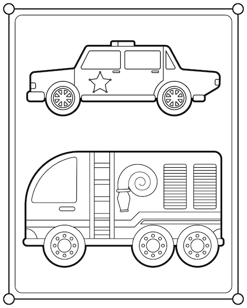 Police car and fire truck suitable for children's coloring page vector illustration