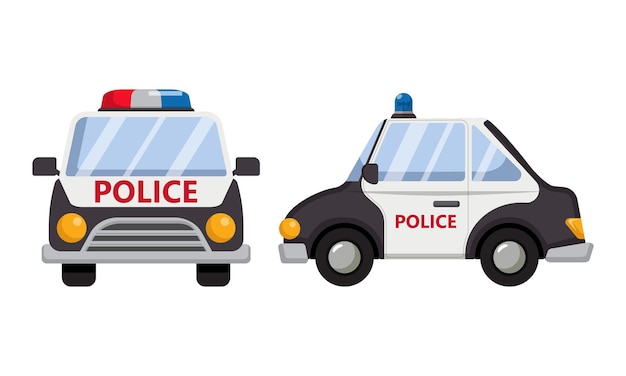 Police car front and side view. flat cartoon style transportation isolated on white