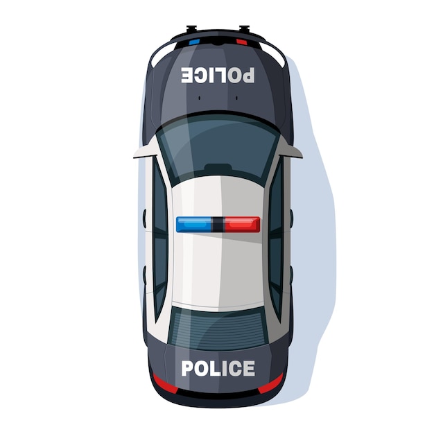 Police car semi flat rgb color vector illustration. security vehicle with siren lights. police enforcement transport. patrol auto isolated cartoon object top view on white background