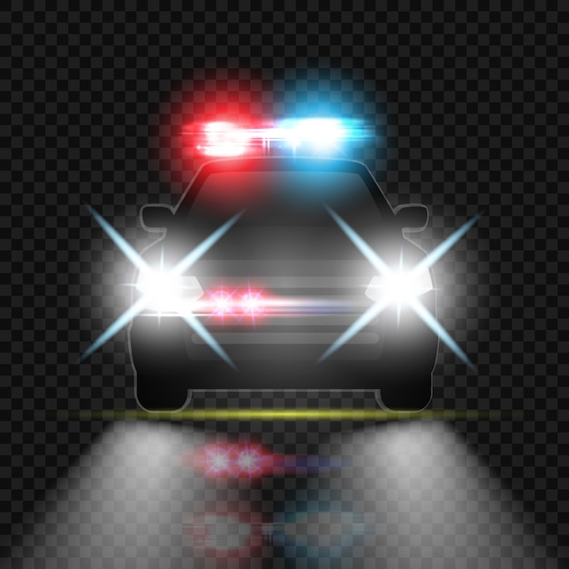 Vettore auto della polizia con razzi di fari e sirena sulla strada notturna. fasci di luce speciali rossi e blu