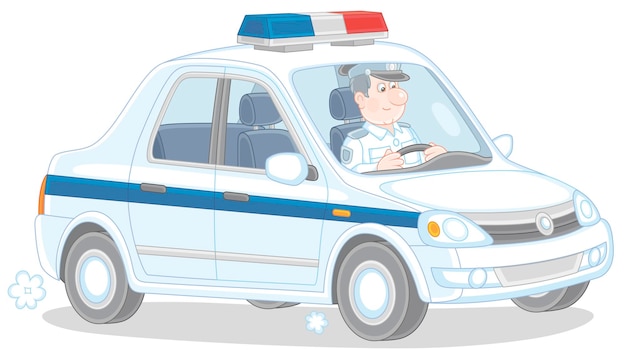 Auto della polizia con un poliziotto stradale in servizio durante l'illustrazione del fumetto di vettore di pattuglia