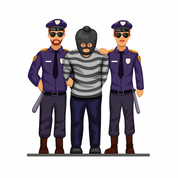 Вектор Полиция поймала террориста или преступника с концепцией символа наручников в мультфильме