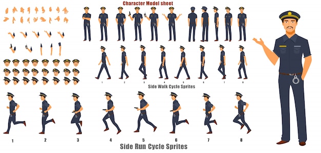 Police character model sheet with walk cycle animation sequence