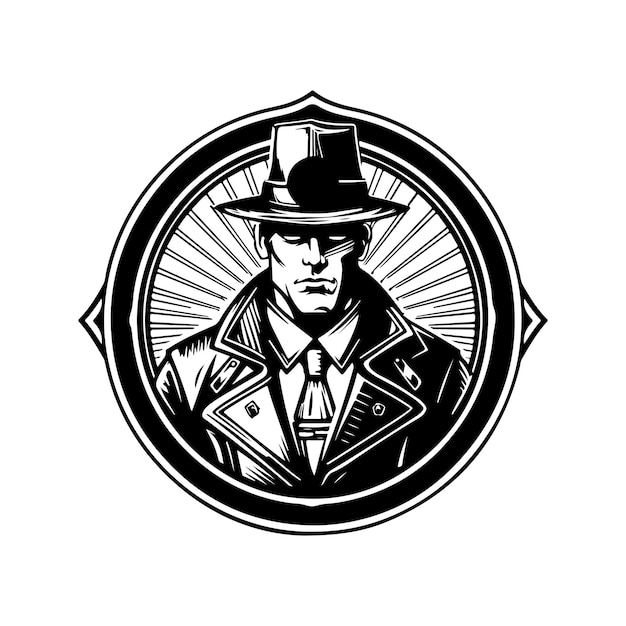 Illustrazione disegnata a mano di colore bianco e nero di concetto di arte linea logo vintage cercatore scuro della polizia