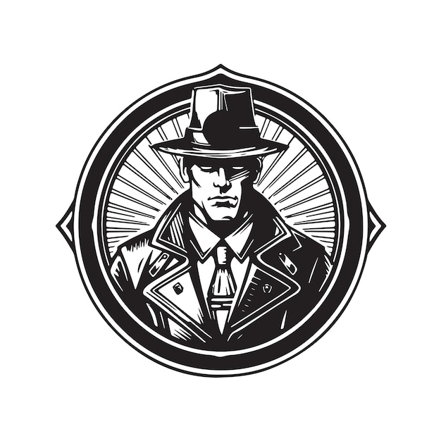 Vector police dark seeker vintage logo line art concept black and white color hand drawn illustration
