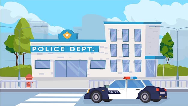 Police department building exterior concept in flat cartoon design. Modern police building, patrol car on road, city street with trees and cross walking. Vector illustration horizontal background