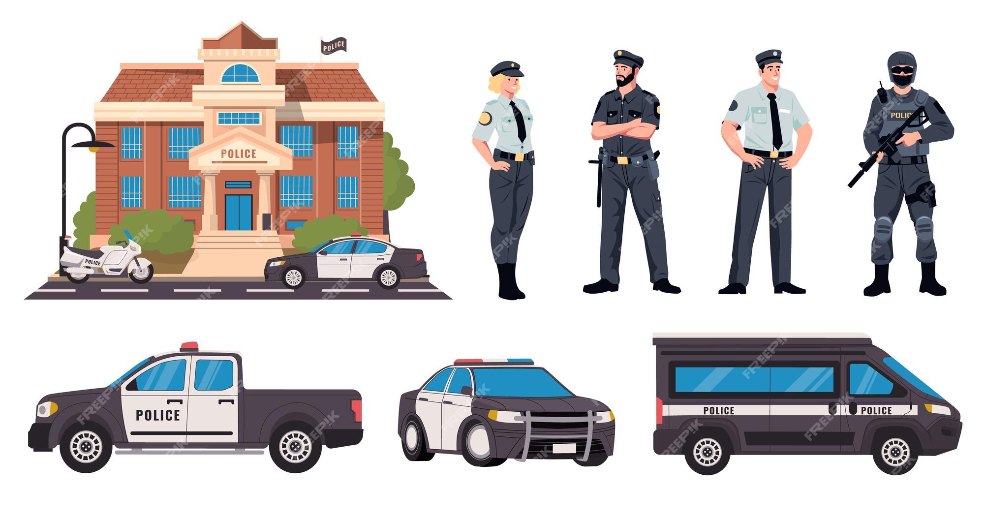 Premium Vector | Police department collection policemen and swat characters  in uniform and protective vest sheriff station with police car and safety  vehicles vector set