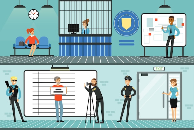 Police department interior with receptionist policemen suspected man posing for mugshot holding signboard vector illustration
