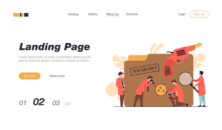 Vector police detectives searching evidences with magnifying glass landing page template