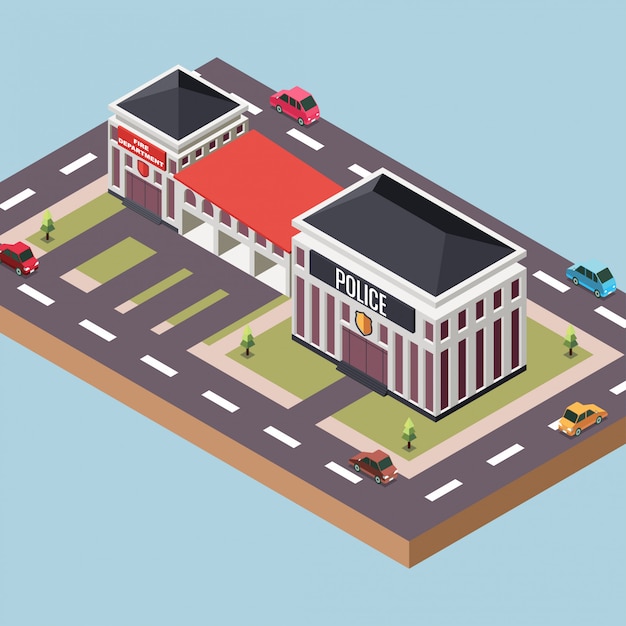 Vector police and a fire station in a town