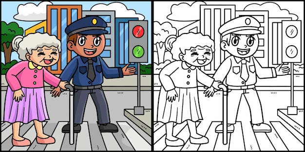 Vector police helping old woman coloring illustration