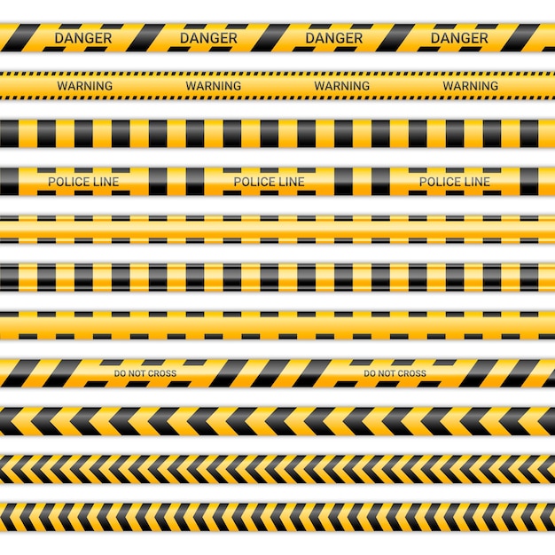 Linee di polizia e non incrociare i nastri. nastri di avvertenza e pericolo in colore giallo e nero. raccolta di segnali di pericolo isolata su priorità bassa bianca. illustrazione vettoriale.