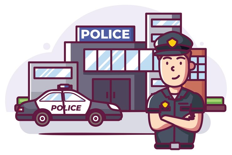 Police man illustration with police station and police car