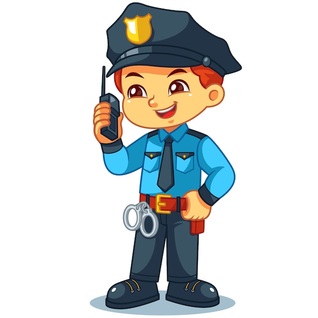 Police Officer Boy Checking Information With Walky Talky.