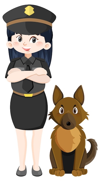 Vettore personaggio dei cartoni animati dell'ufficiale di polizia con un cane su priorità bassa bianca
